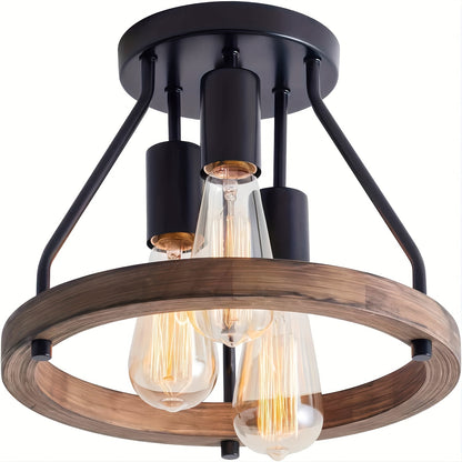 Lampada a Soffitto Industriale in Legno con Anello | Plafoniera Semincasso a 3 Luci