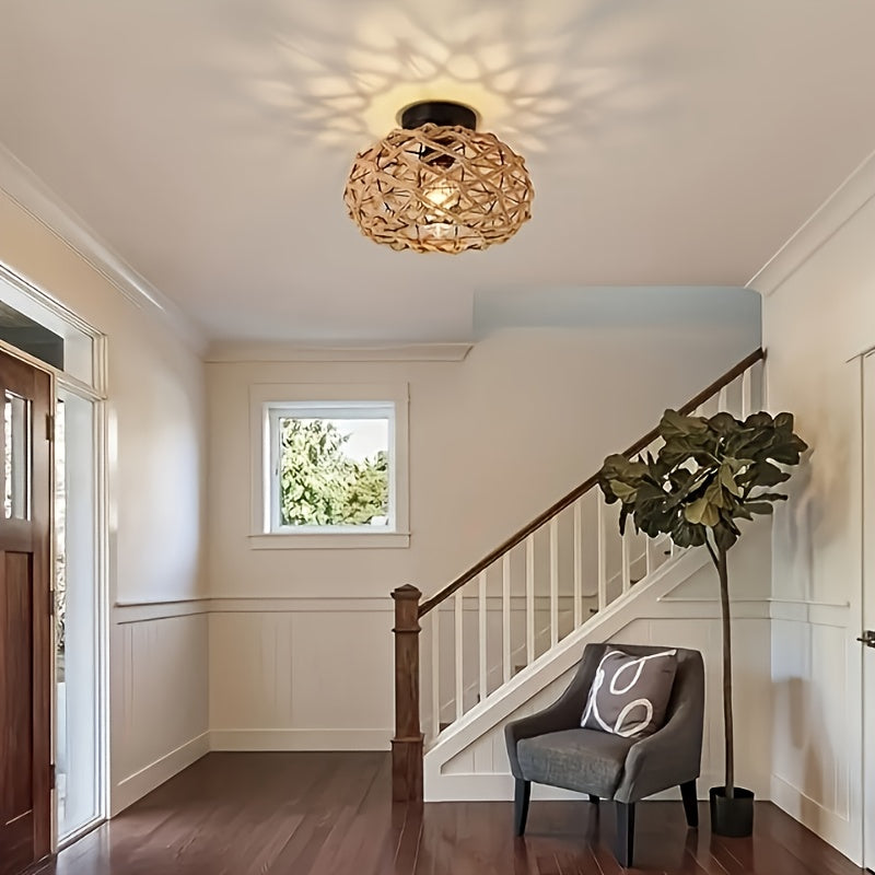 Bohemian Hemp Rope Ceiling Light | Handwoven Rustic Flush Mount Fixture