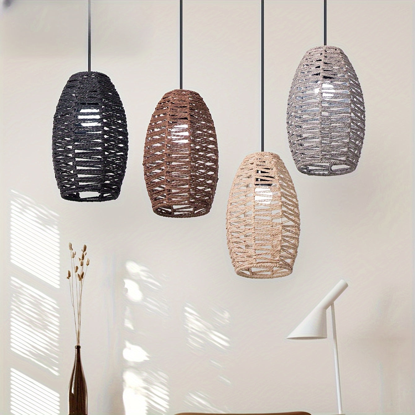 Abajur modern din frânghie țesută manual | Lumină de plafon naturală țesută