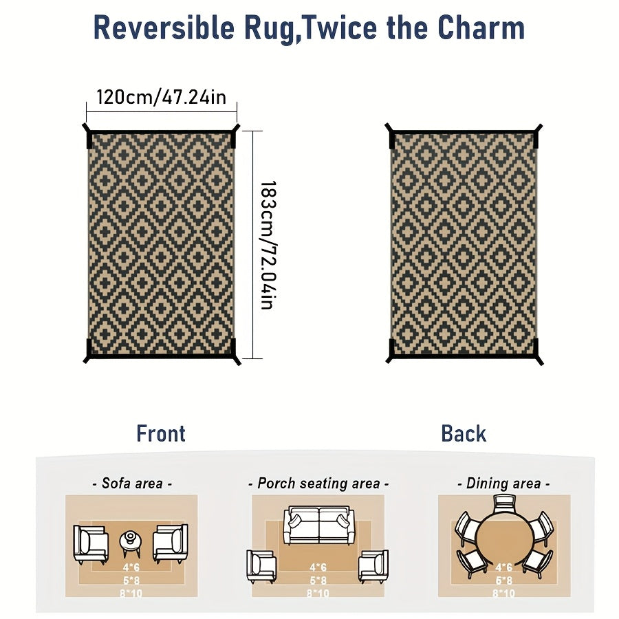 Reversible Outdoor Rug | Beige & Black Geometric Patio Mat