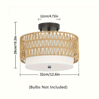 Luminária de Teto Boho em Rattan | Montagem Semi-Embutida com Abajur de Linho