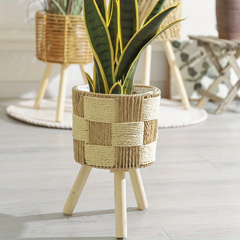 Bohemian Bamboo Woven Flower Stand | Handcrafted Rattan Planter with Wooden Legs