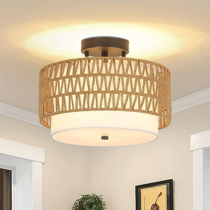 Luminária de Teto Boho em Rattan | Montagem Semi-Embutida com Abajur de Linho