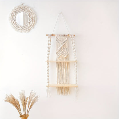 Prateleira de Parede Boho em Macramé | Estante Suspensa de 2 Níveis