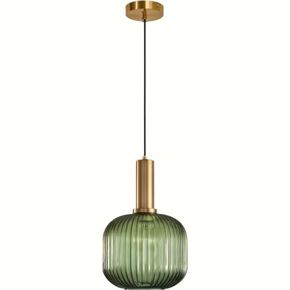 Moderne gestreifte Glas-Pendelleuchte | Messing & gerippter Glasschirm