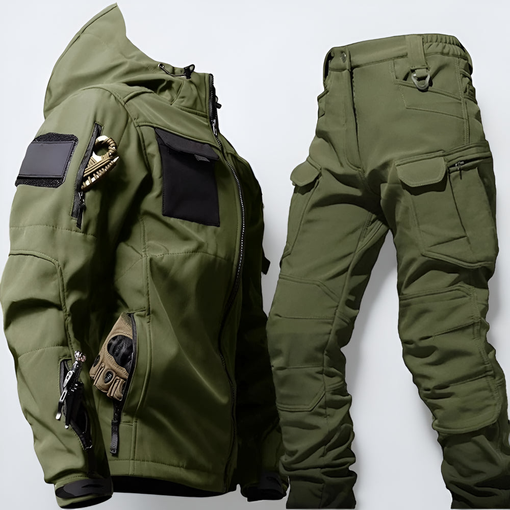 Giacca e pantaloni tattici da uomo per esterni, robusti, con molte tasche e cappuccio