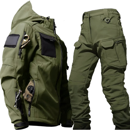 Giacca e pantaloni tattici da uomo per esterni, robusti, con molte tasche e cappuccio