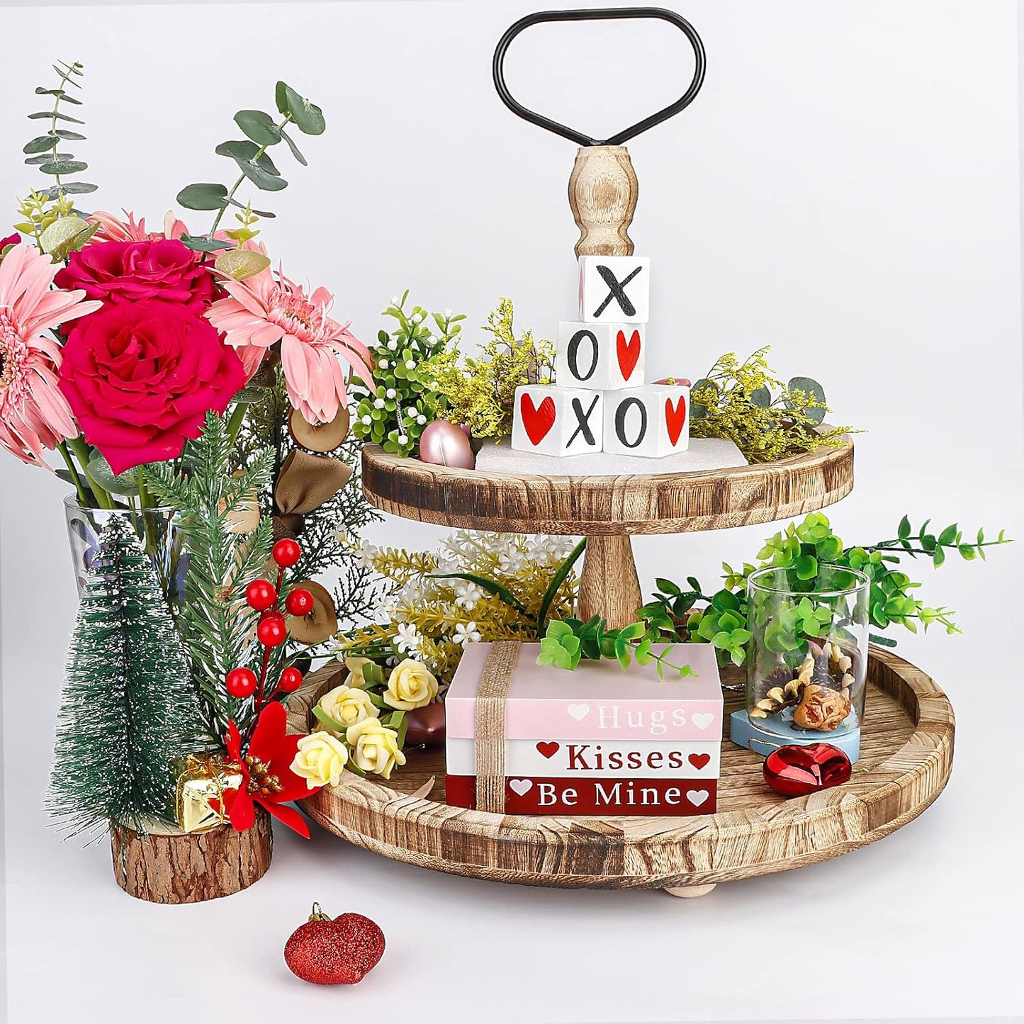 Decor de masă din lemn Valentine, stivă de cărți, raft cu semne în formă de inimă