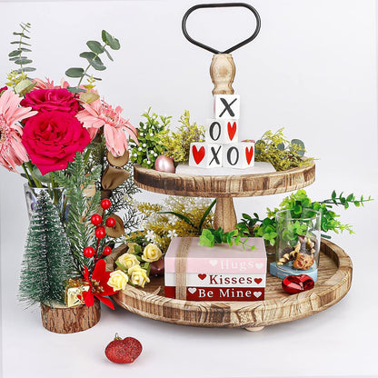 Decor de masă din lemn Valentine, stivă de cărți, raft cu semne în formă de inimă