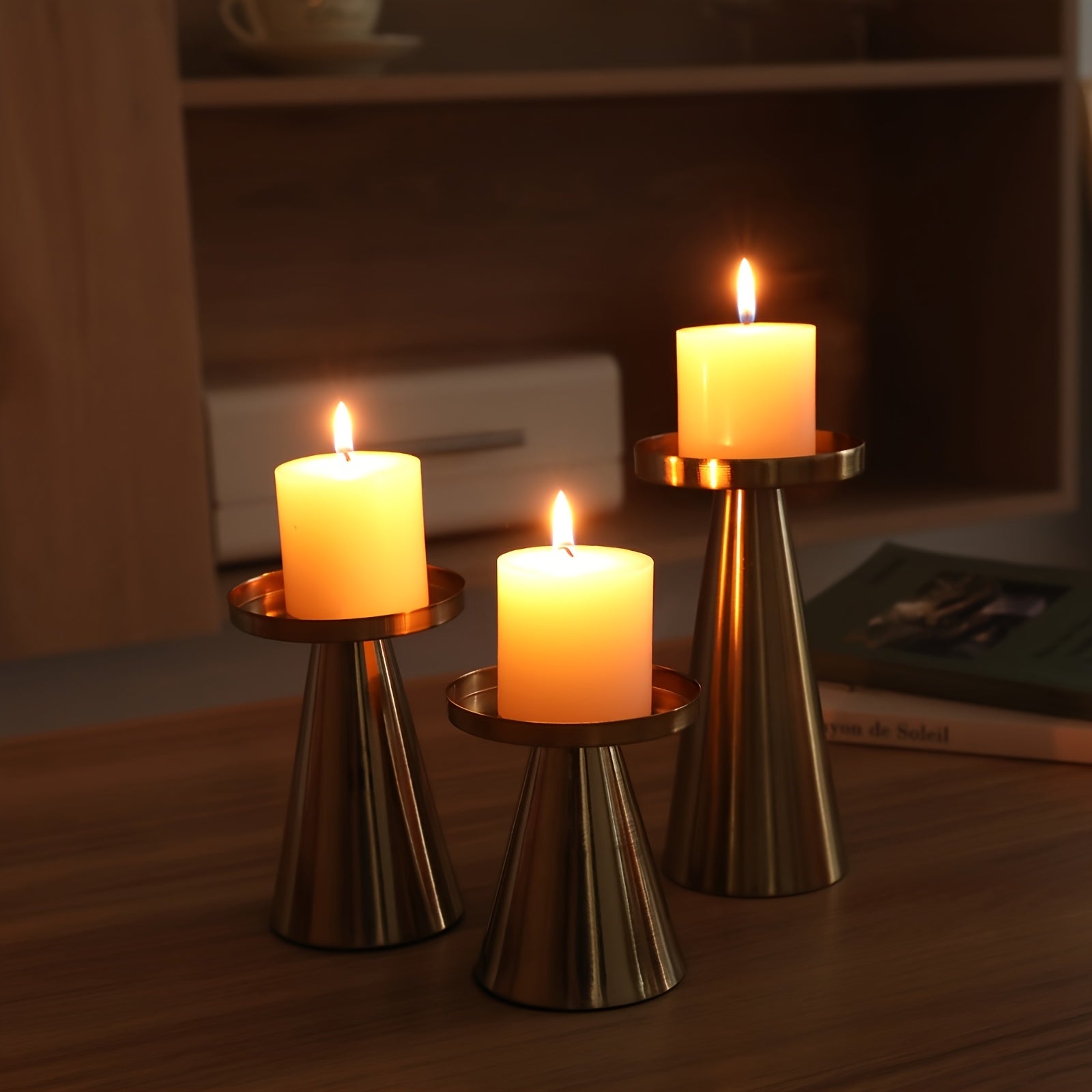 Metallic Cone Candle Holders | Set of 3 Bronze Table Centrepieces
