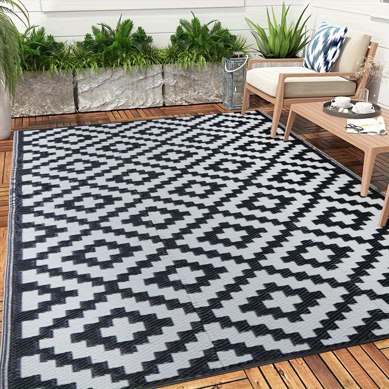 Tappeto da Esterno Reversibile | Tappeto per Patio Geometrico Nero e Bianco