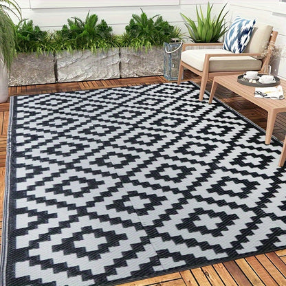 Tappeto da Esterno Reversibile | Tappeto per Patio Geometrico Nero e Bianco