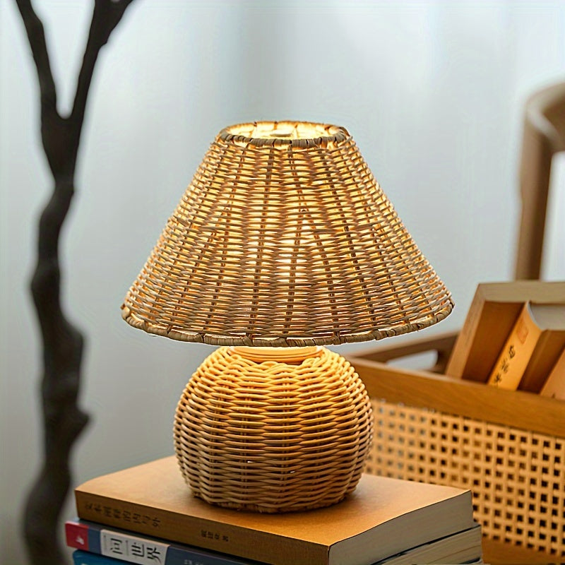 Lampă de birou din bambus împletit | Lumină de accent boho alimentată prin USB