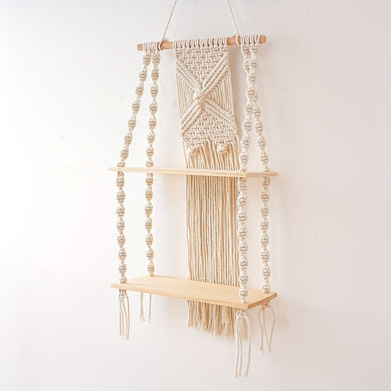 Prateleira de Parede Boho em Macramé | Estante Suspensa de 2 Níveis