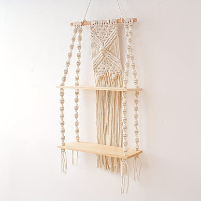 Prateleira de Parede Boho em Macramé | Estante Suspensa de 2 Níveis