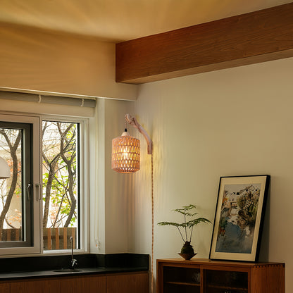 Boho Holz- und Rattan-Wandlampe | Handgewebte Steckerleuchte
