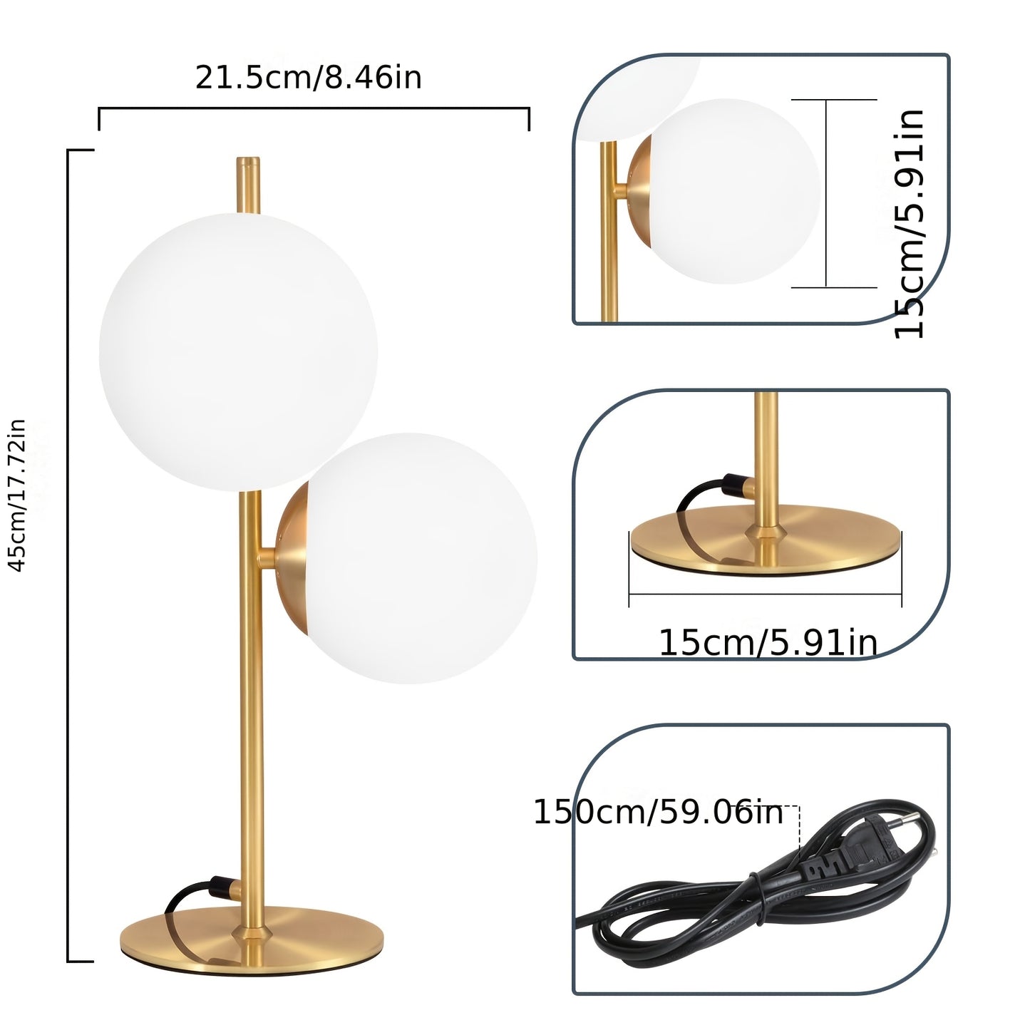 Moderne gylden bordlampe | Hvid glasglobus design