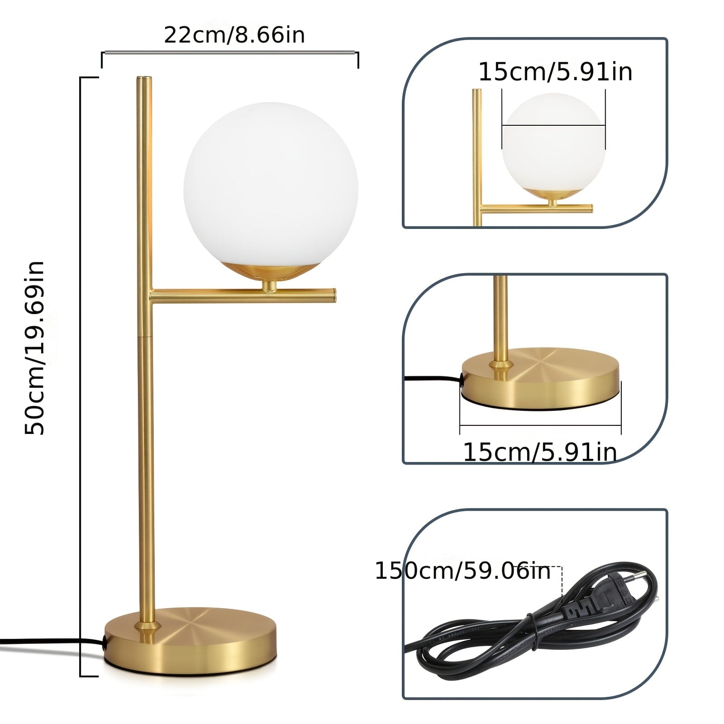 Moderne gylden bordlampe | Hvid glasglobus design