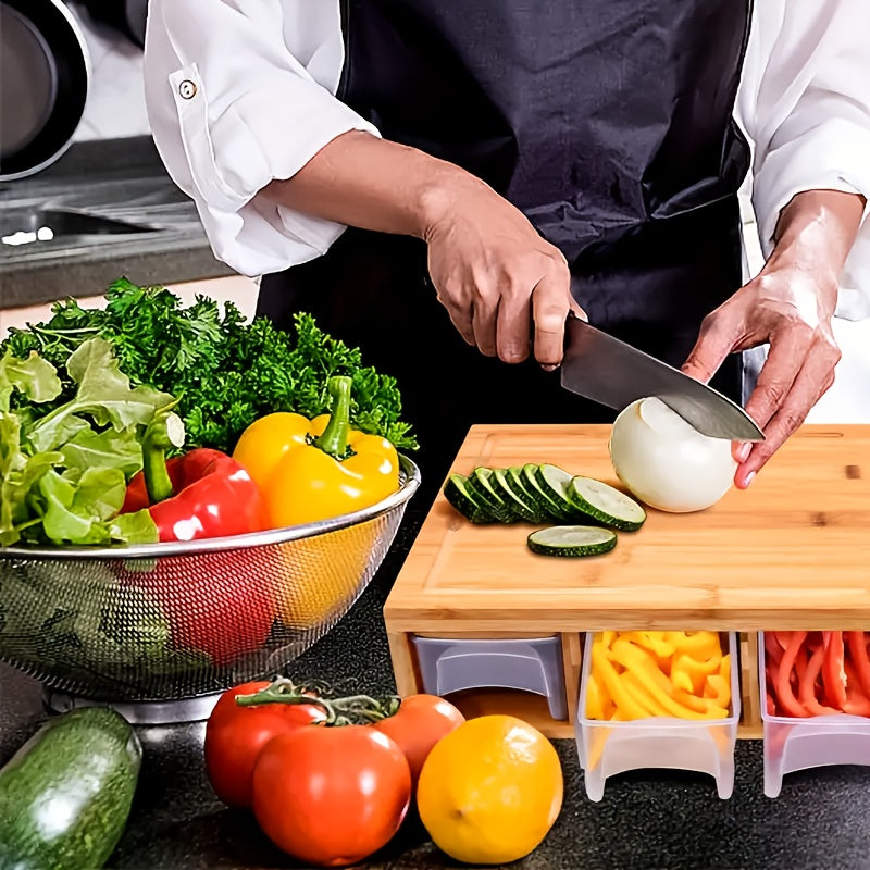 Placă de tăiat din bambus cu tăvi de depozitare și răzătoare | Stație multifuncțională pentru pregătirea alimentelor în bucătărie