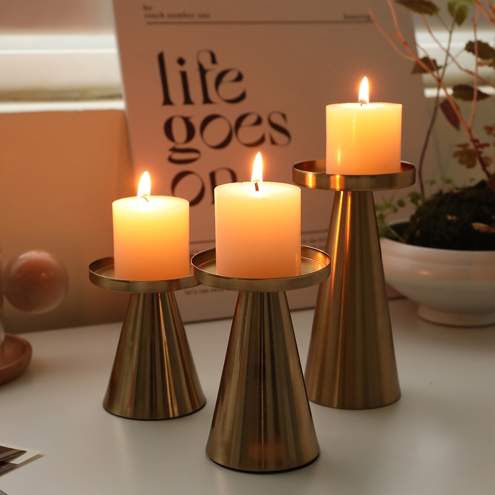 Metallic Cone Candle Holders | Set of 3 Bronze Table Centrepieces