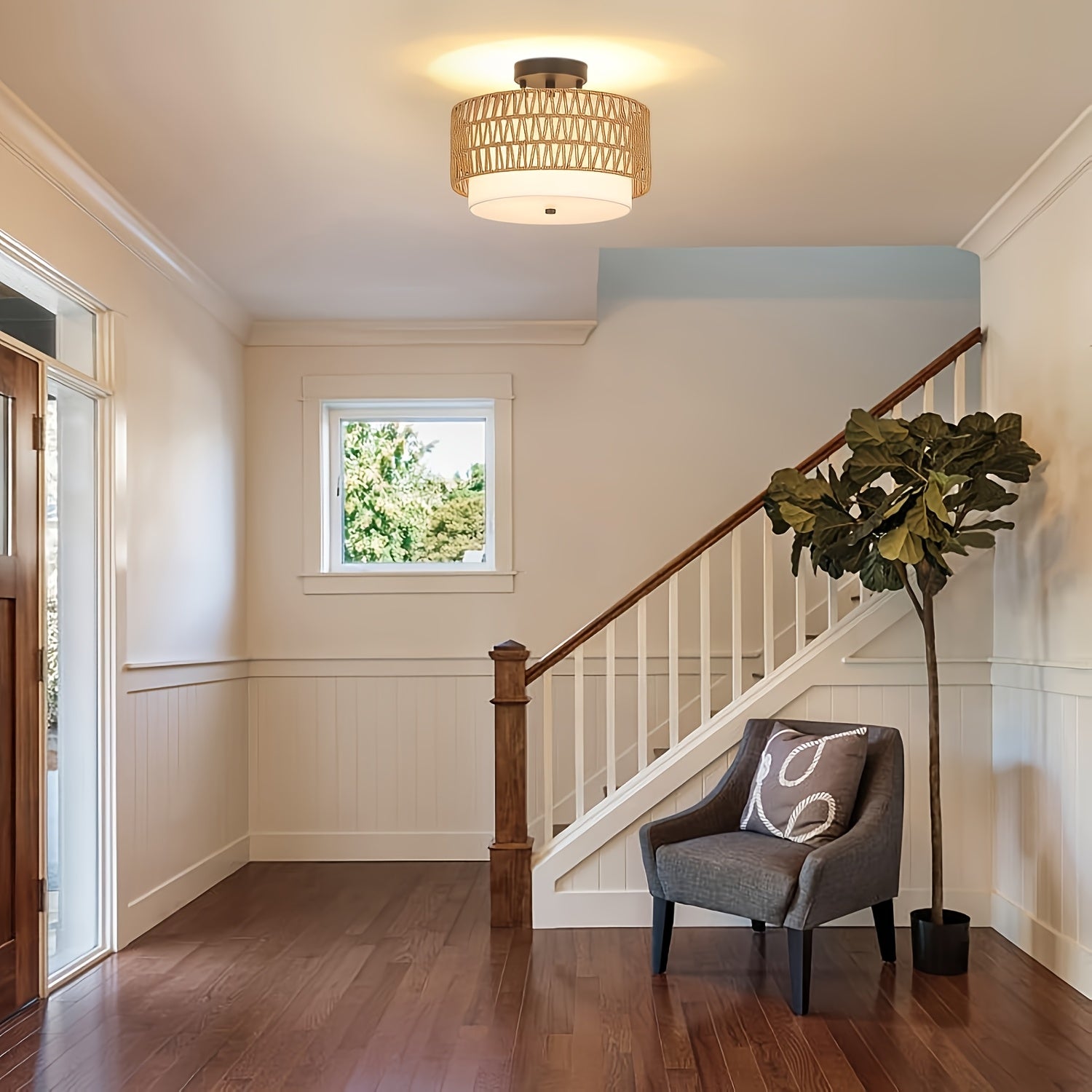 Boho Rattan Ceiling Light | Semi-Flush Mount with Linen Shade