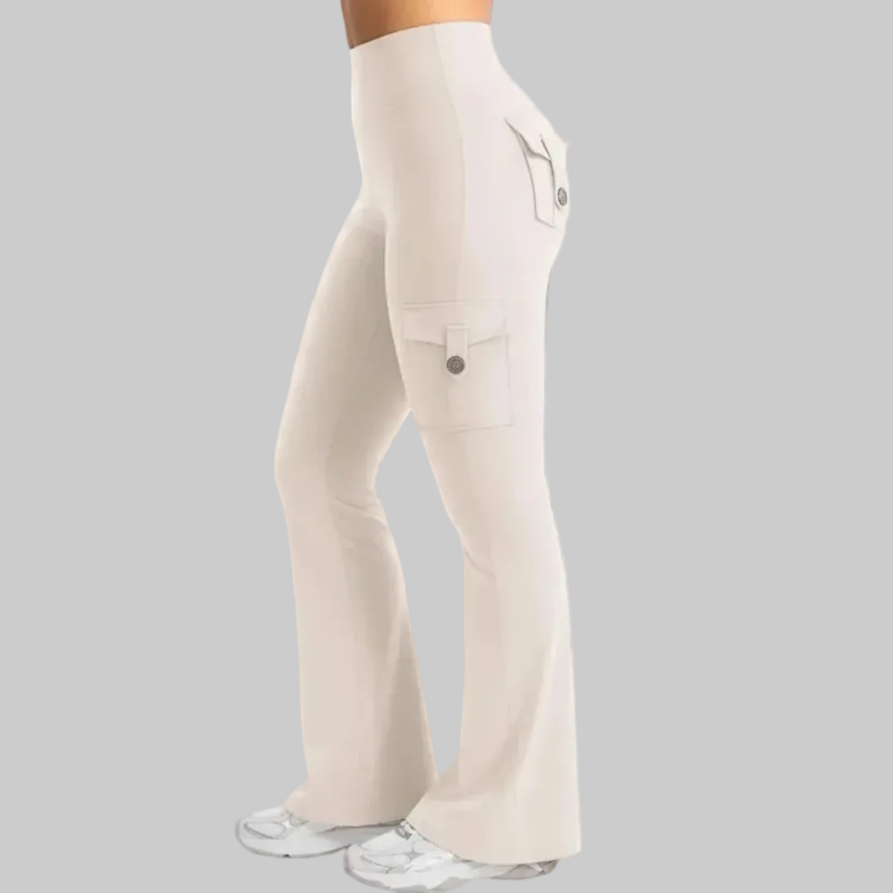 Pantaloni da lavoro a vita alta con tasche, gamba larga svasata da donna