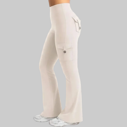 Pantaloni da lavoro a vita alta con tasche, gamba larga svasata da donna