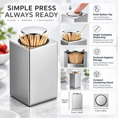 Automatisk tandstikdispenser med trykknap og kompakt holder