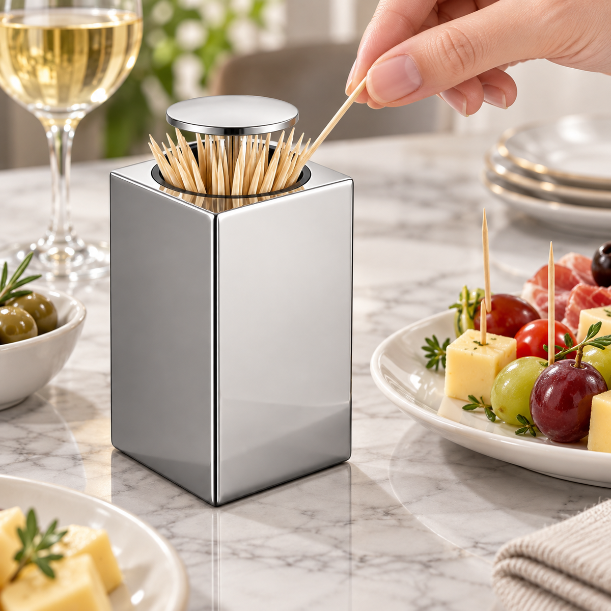 Automatisk tandstikdispenser med trykknap og kompakt holder