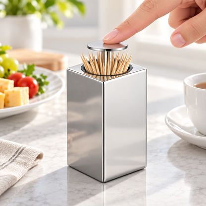 Automatisk tandstikdispenser med trykknap og kompakt holder