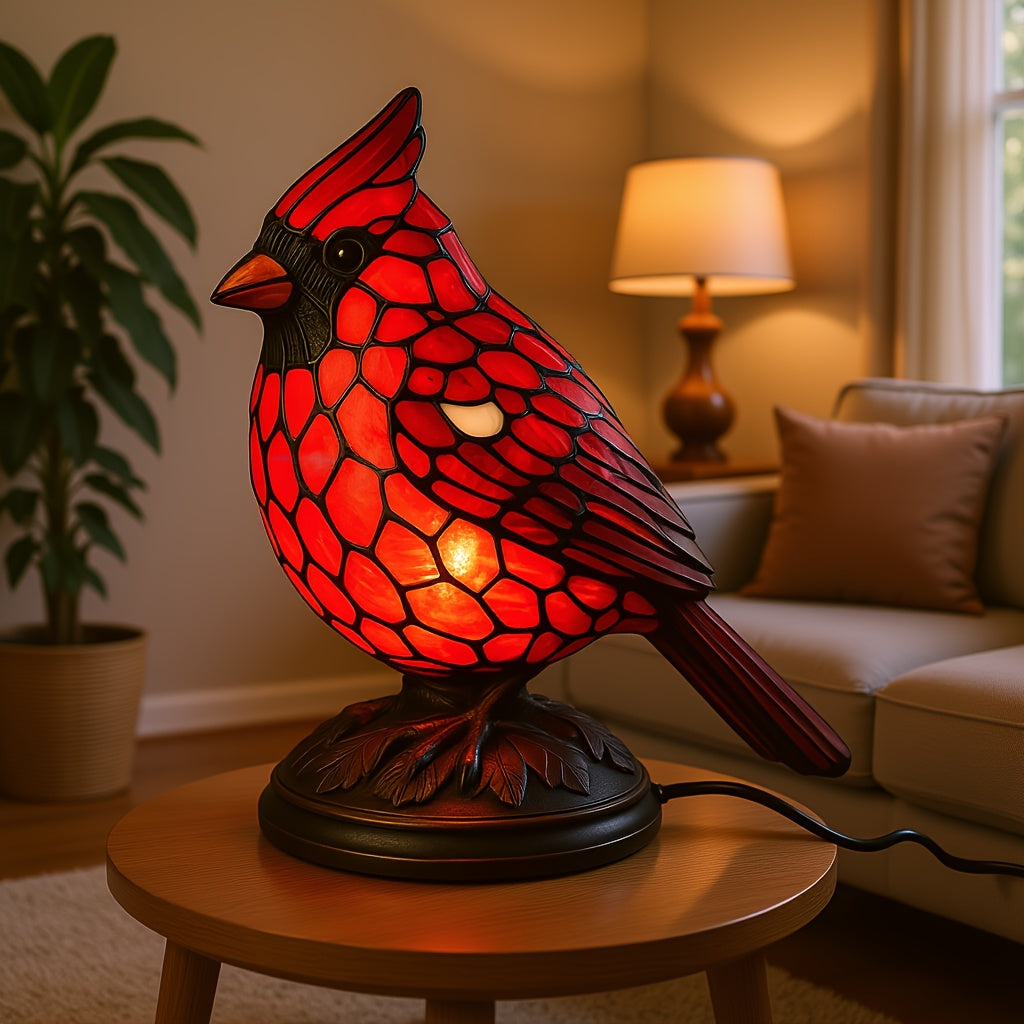 Bordlampe Rød Kardinalfugl USB-drevet Kunstglasbelysning
