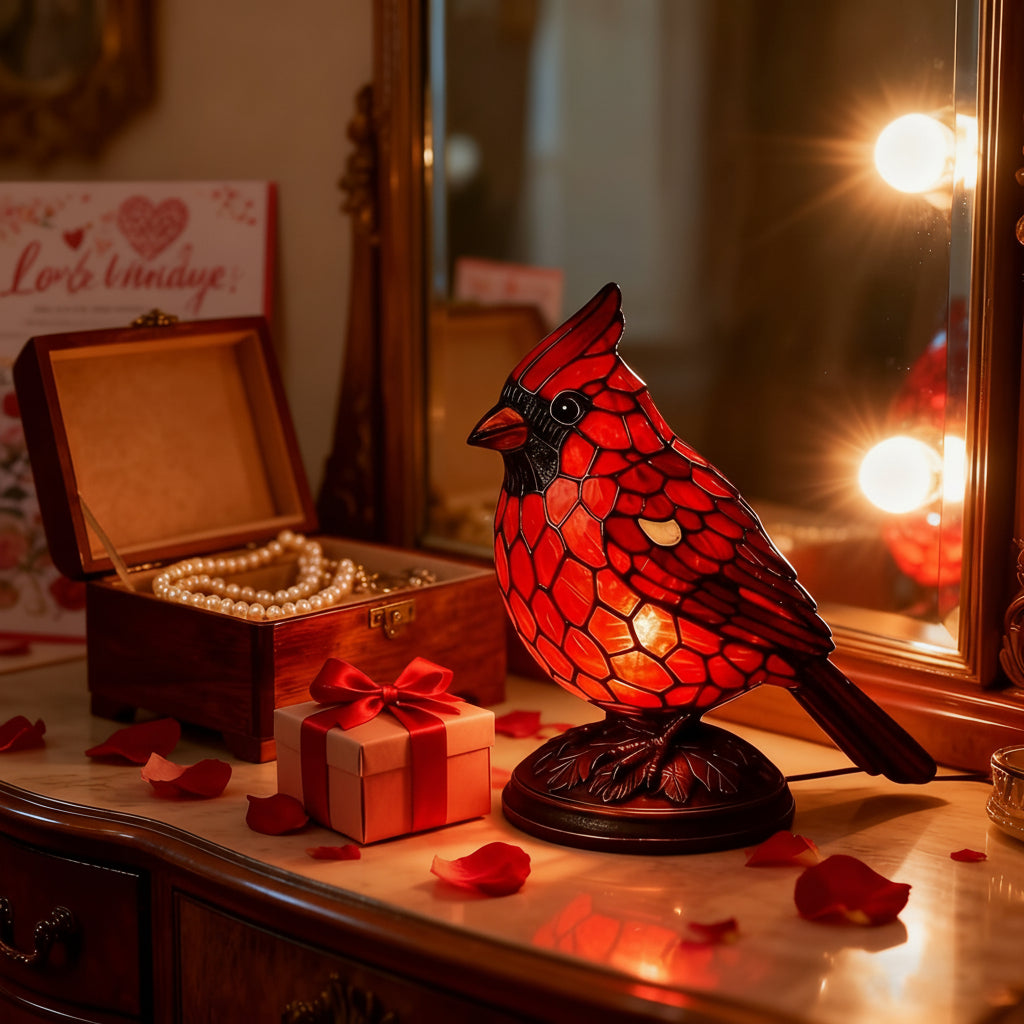 Bordlampe Rød Kardinalfugl USB-drevet Kunstglasbelysning