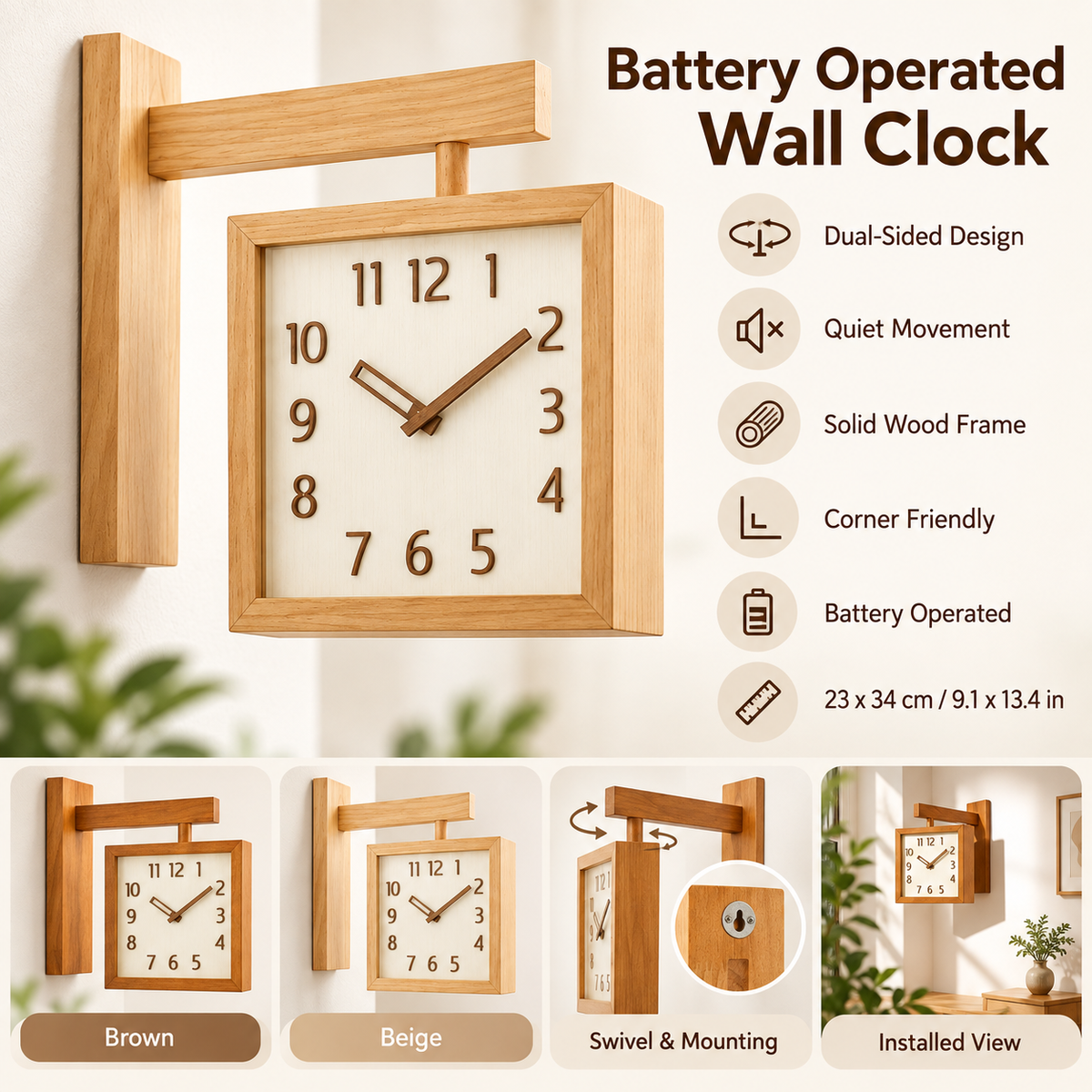 Battery Operated Wall Clock Wooden Analog Modern Design