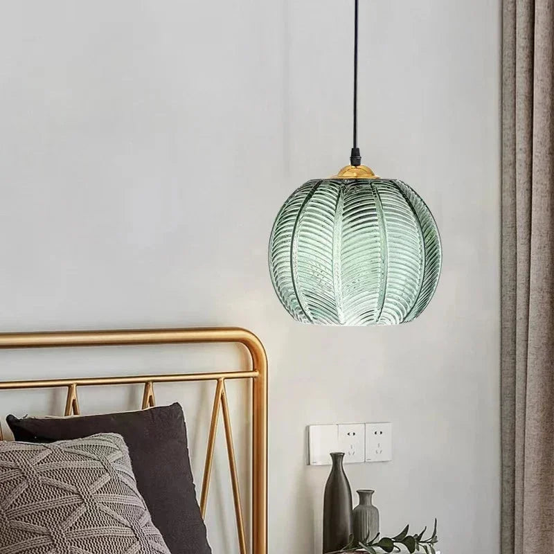 Pumpkin Ribbed Glass Pendant Lamp | Retro Green Hanging Light
