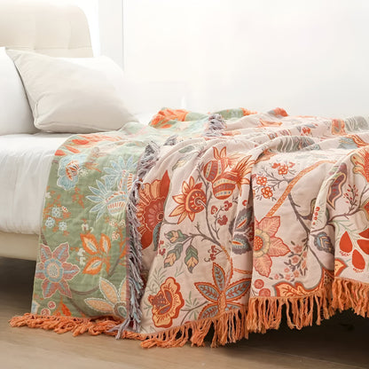 Plaid con motivo floreale bohemien e frange