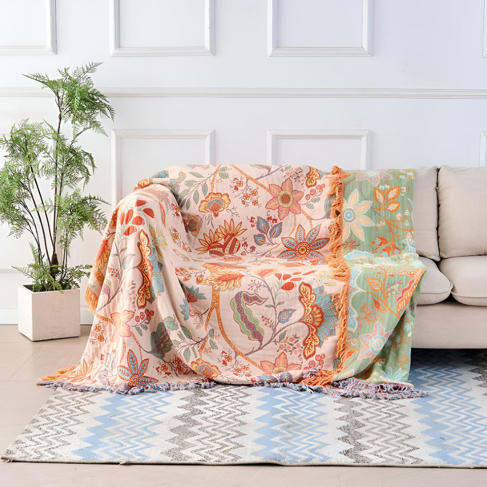 Plaid con motivo floreale bohemien e frange