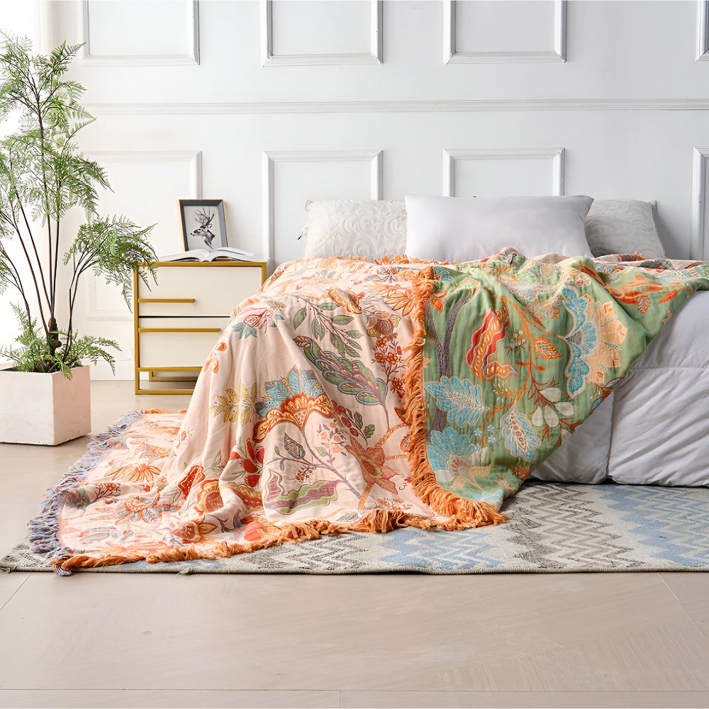 Plaid con motivo floreale bohemien e frange