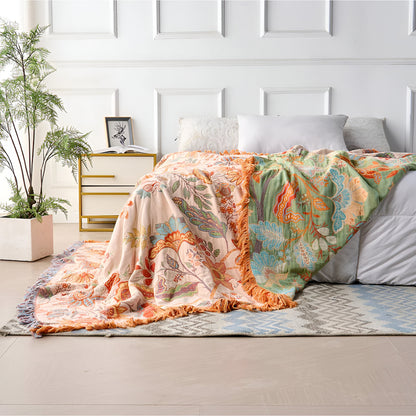Plaid con motivo floreale bohemien e frange