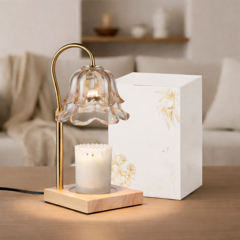 Lámpara calentadora de velas con flor de vidrio dorado calentador eléctrico para cera fundida