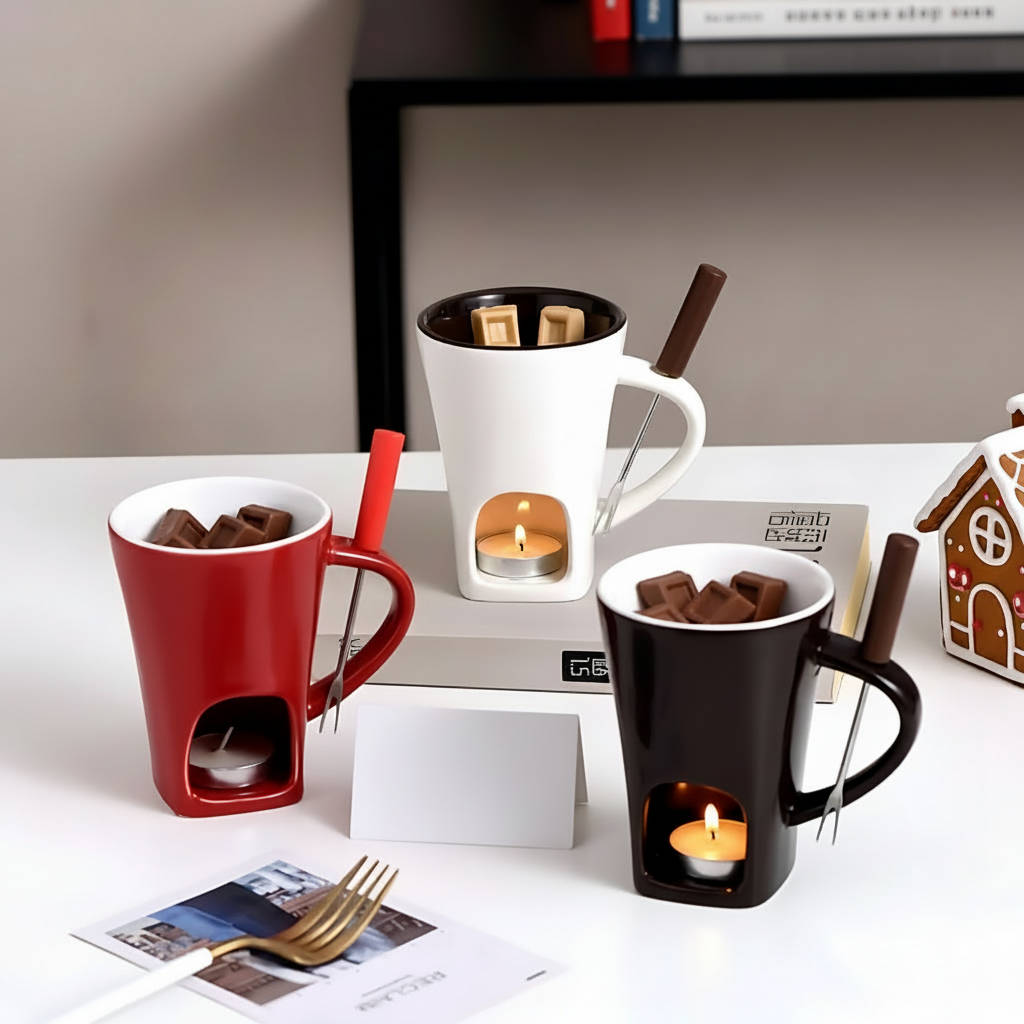 Set per fonduta in ceramica riscaldato a candela per cioccolato, formaggio e dessert