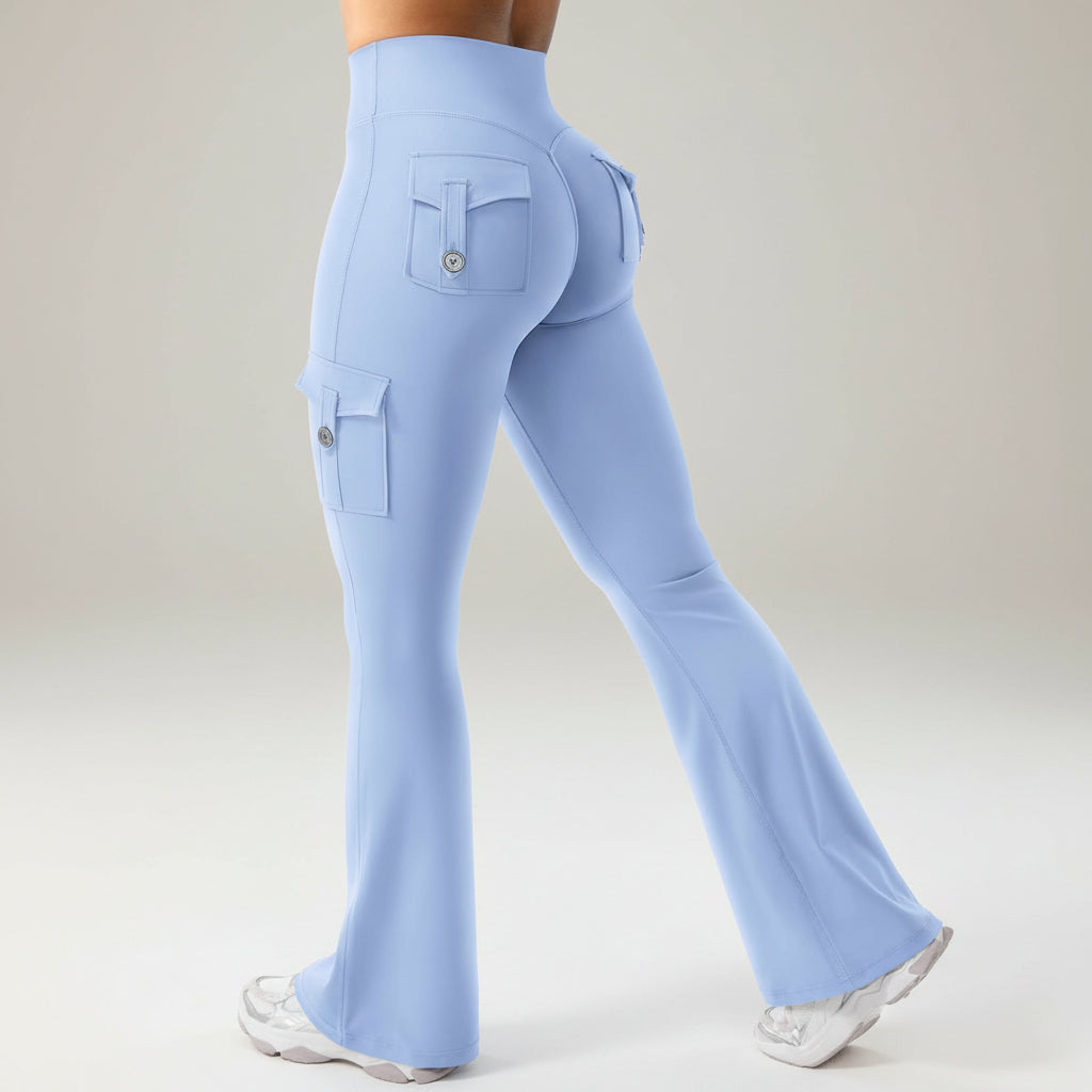 Pantaloni da lavoro a vita alta con tasche, gamba larga svasata da donna