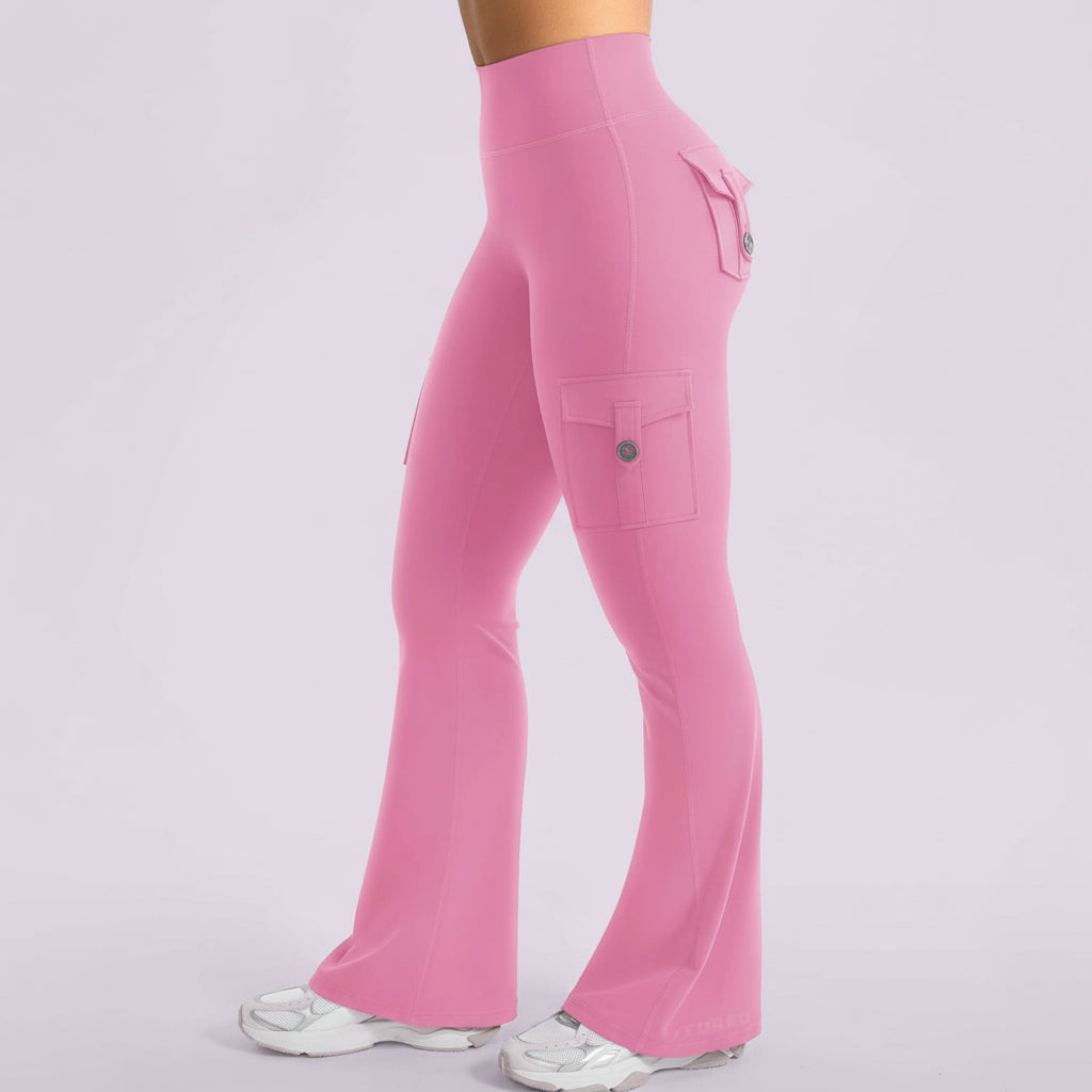 Pantaloni da lavoro a vita alta con tasche, gamba larga svasata da donna