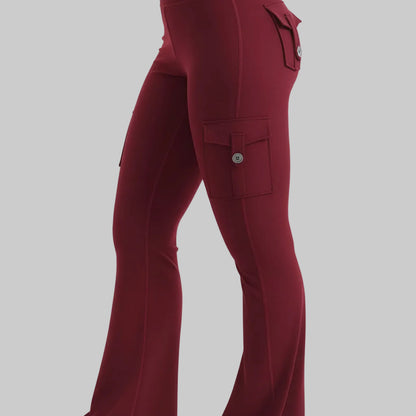 Pantaloni da lavoro a vita alta con tasche, gamba larga svasata da donna