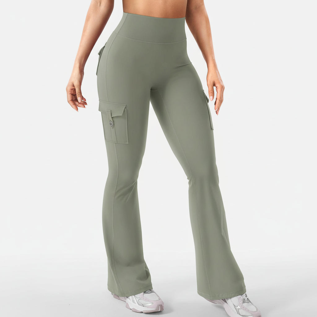 Pantaloni da lavoro a vita alta con tasche, gamba larga svasata da donna