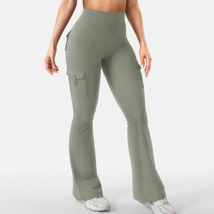 Pantaloni da lavoro a vita alta con tasche, gamba larga svasata da donna