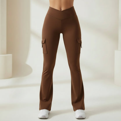Pantaloni da lavoro a vita alta con tasche, gamba larga svasata da donna