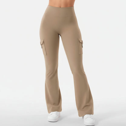 Pantaloni da lavoro a vita alta con tasche, gamba larga svasata da donna