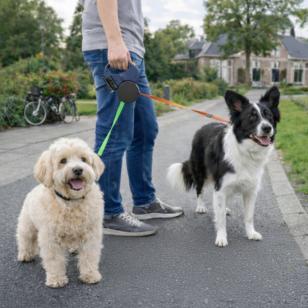 Trela para Cão Dupla Retrátil Antienrolamento para Passeio de Dois Cães