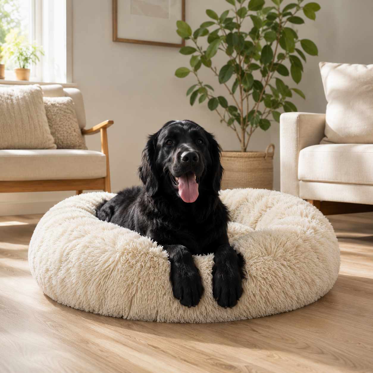 Beroligende hundeseng i plys med hyggeligt design, maskinvaskbar