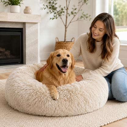 Beroligende hundeseng i plys med hyggeligt design, maskinvaskbar